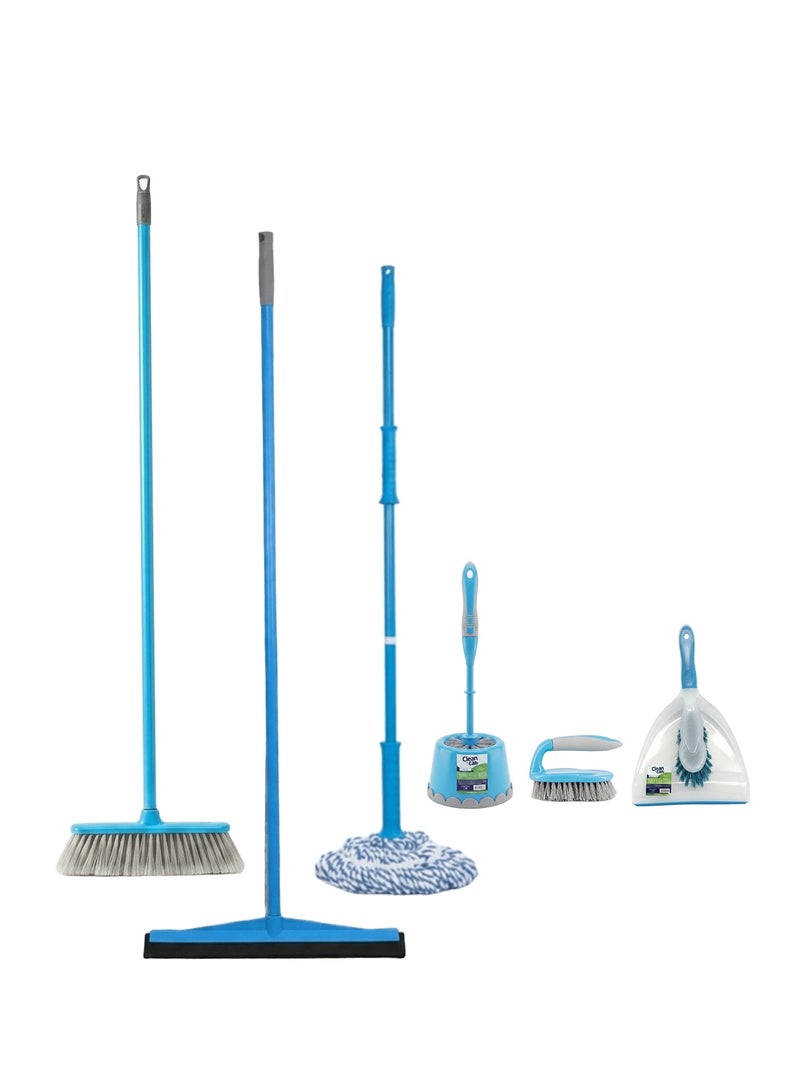 كلين and كير طقم تنظيف منزلي متكامل مكون من 6 قطع (Clean & Care) - يشمل مكنسة، وممسحة أرضيات، وممسحة زجاج (ممسحة مطاطية)، وممسحة دوارة، وفرشاة مرحاض مع حامل، وجاروف، وفرشاة فرك - مناسب للمنزل والمطبخ والمكتب - ألوان متنوعة. - Image 1