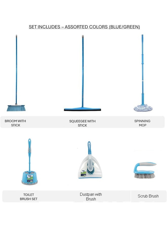 كلين and كير طقم تنظيف منزلي متكامل مكون من 6 قطع (Clean & Care) - يشمل مكنسة، وممسحة أرضيات، وممسحة زجاج (ممسحة مطاطية)، وممسحة دوارة، وفرشاة مرحاض مع حامل، وجاروف، وفرشاة فرك - مناسب للمنزل والمطبخ والمكتب - ألوان متنوعة. - Image 2