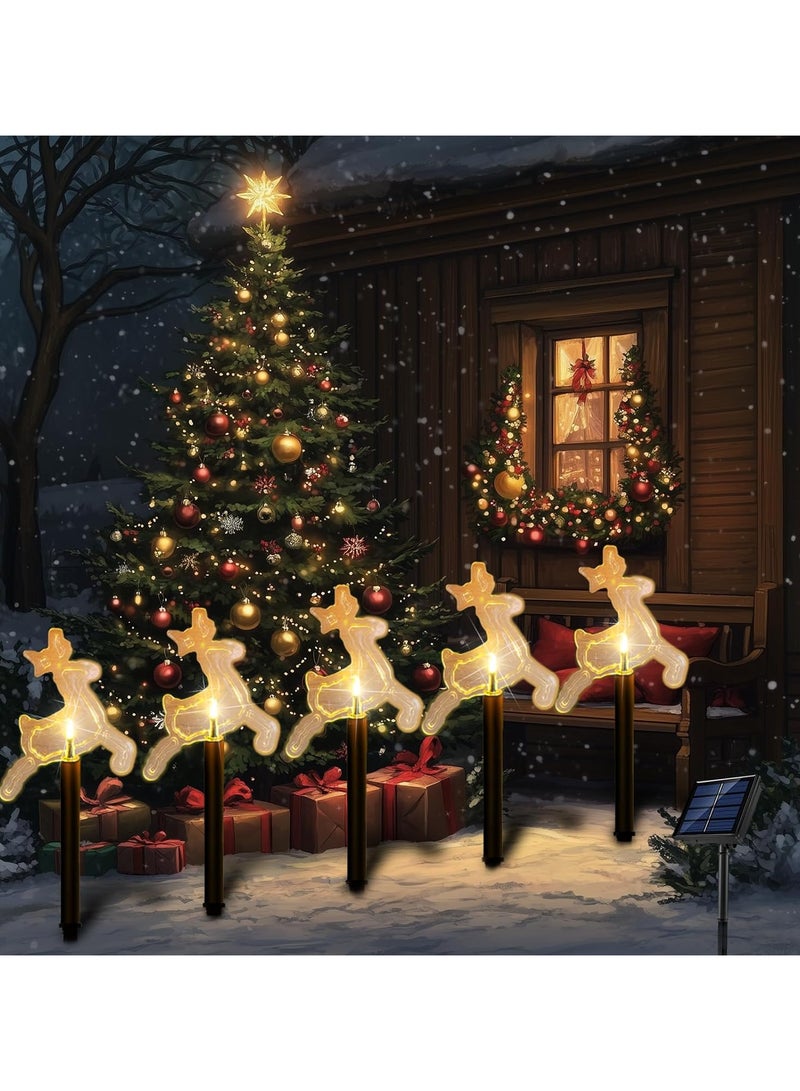 AUTOYSUR أضواء مسار عيد الميلاد الشمسية الخارجية، مجموعة من 5 أضواء LED مزينة بالنجوم والأيائل، أضواء مائية للحدائق والساحات وحفلات الزفاف واحتفالات عيد الميلاد (5 قطع - أبيض دافئ - نجمة - أيل) - Image 2