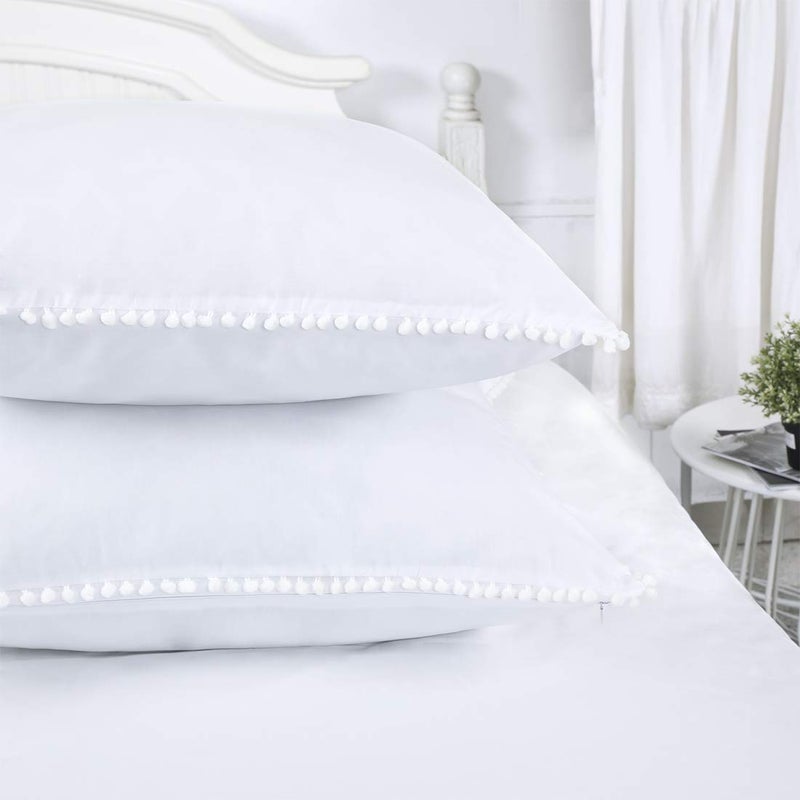 YINFUNG Pom Euro Sham Covers White European Sham 26x26 Set of 2 Decorative Euro Pillowcase Pom Large Fringe Boho Cute Pretty Ball Tassel Trimmed Girls 100 Cotton 