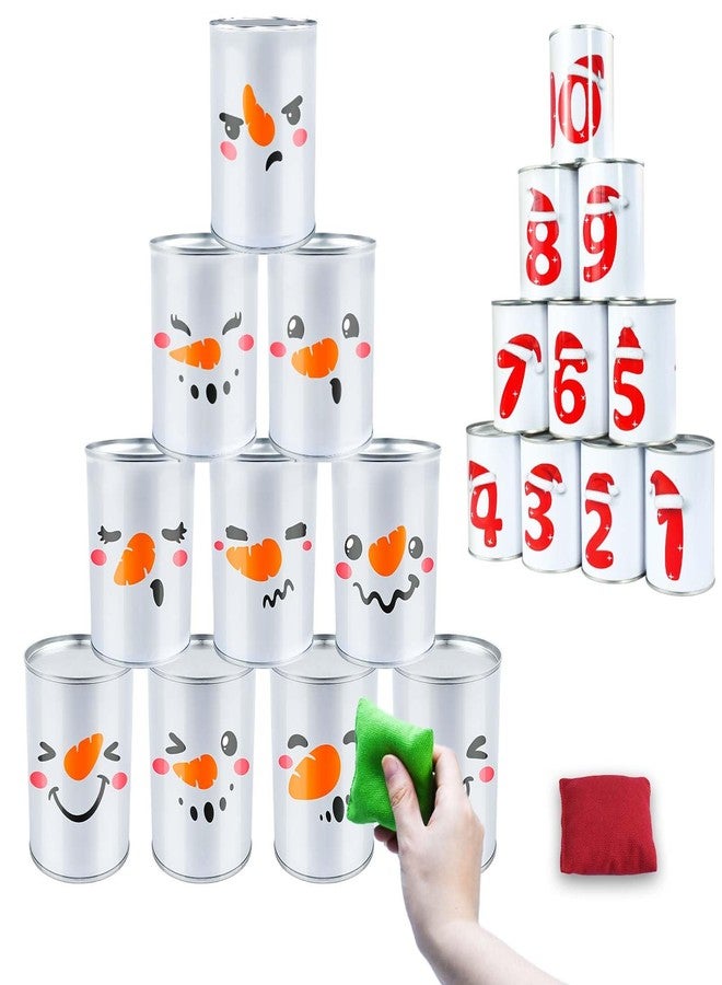 Jeyeou Christmas Bean Bag Toss Game Throwing Knockdown Can Game Snowman Face Santa Hat Patterns with 10 Cans 2 Sandbags for Kids Carnival Festive Holiday Family Party Supplies Garden Yard Lawn Indoor Outdoor - Image 1