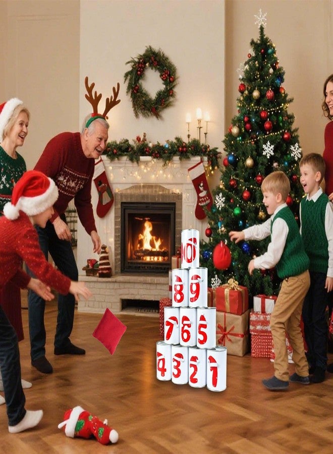Jeyeou Christmas Bean Bag Toss Game Throwing Knockdown Can Game Snowman Face Santa Hat Patterns with 10 Cans 2 Sandbags for Kids Carnival Festive Holiday Family Party Supplies Garden Yard Lawn Indoor Outdoor - Image 5