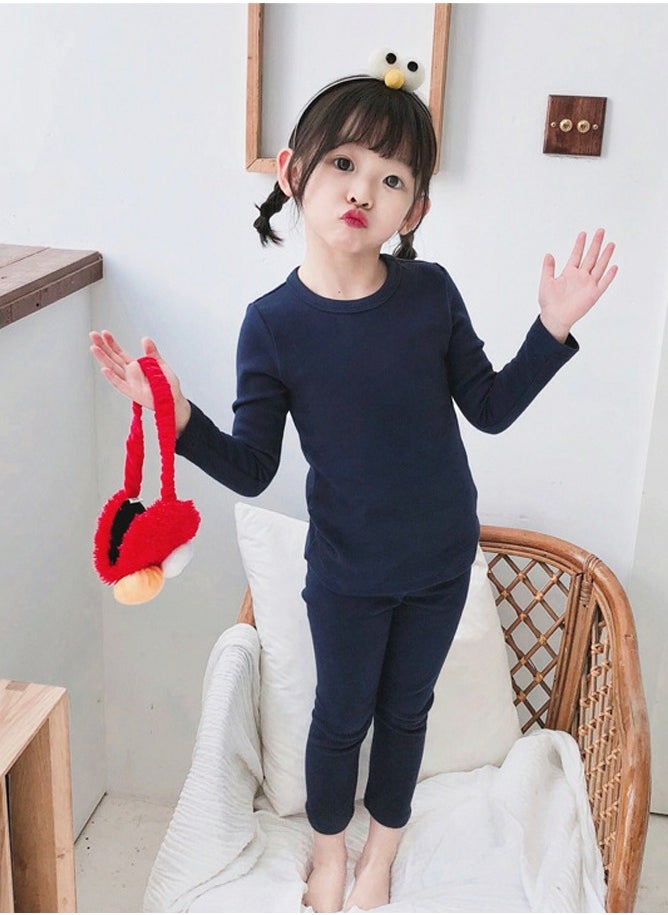 Generic - Kids Solid Color Thermal Underwear Set Cotton Soft Long Johns Base Layer Top & Bottom Children's Pajama Set Navy Blue - Image 1