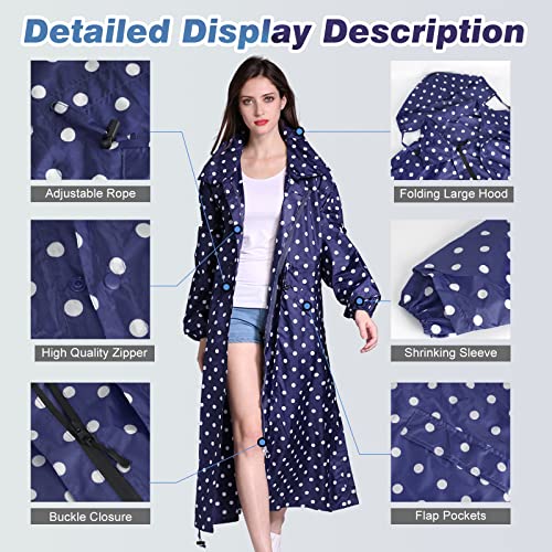 LAMA Womens Long Raincoats Rain Jacket Waterproof Packable Outdoor Hooded Windbreaker Lightweight Adjustable Waist for Outdoors(Blue Point, XL) - Image 3