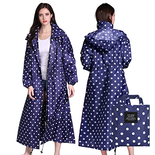 LAMA Womens Long Raincoats Rain Jacket Waterproof Packable Outdoor Hooded Windbreaker Lightweight Adjustable Waist for Outdoors(Blue Point, XL) - Image 1