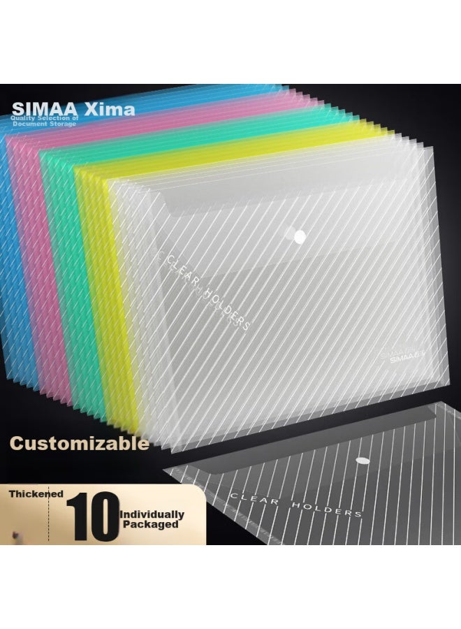 Simaa 10-pack A4 Twill Colorful Transparent Button Closure Doent Sleeves, Waterproof File Folders, Exam Paper Storage Pouches, Office Supplies, 20164 - Image 1