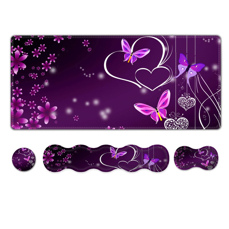 ARTSO Upgraded Extended Gaming Mouse Pad Keyboard Wrist Rest Pad Wrist Support Mousepad Set Artso Large Rubber Base Stitched Edges Multifunctional Desk Pad 35 x155 in Purple Heart Butterfly - Image 2