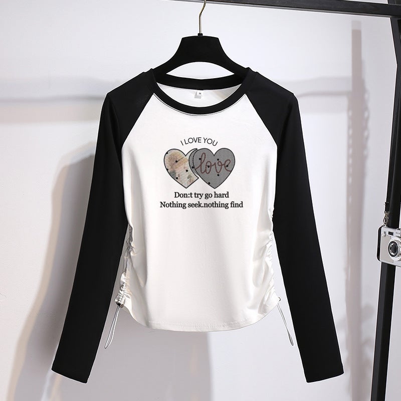 Contrast Color Drawstring Cotton T-Shirt Women'S Long-Sleeved Design Sense Niche Western Style All-Match Top Trendy - Image 4