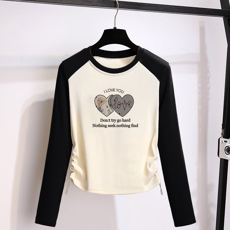 Contrast Color Drawstring Cotton T-Shirt Women'S Long-Sleeved Design Sense Niche Western Style All-Match Top Trendy - Image 2