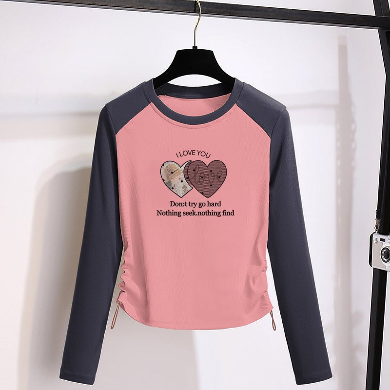 Contrast Color Drawstring Cotton T-Shirt Women'S Long-Sleeved Design Sense Niche Western Style All-Match Top Trendy - Image 1