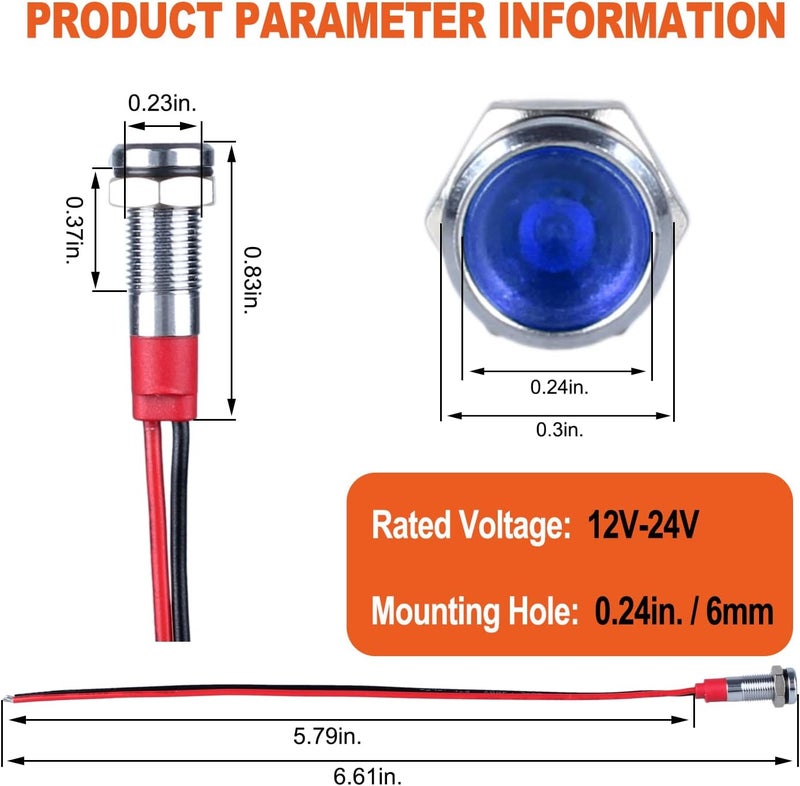 DMWD 10Pcs 6mm (1/4") 12V-24V AC/DC 20mA Meatl LED Indicator Light Wide Flat Head Waterproof Signal Lamp Pilot Dash Directional with Wire（Blue LED) Reliable durability - Image 2