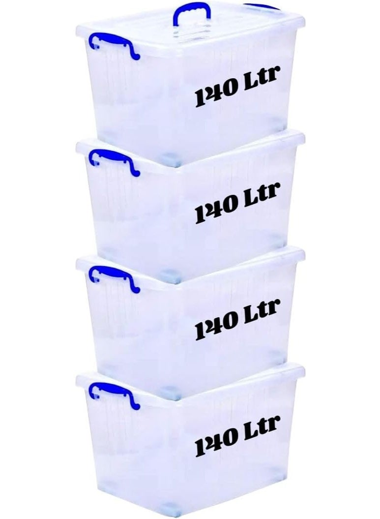 هيواري مجموعة صناديق تخزين بلاستيكية شفافة من 4 قطع من HIWARE سعة 140 لترًا مع أغطية قابلة للقفل | حاويات تنظيم شفافة للملابس والألعاب والأدوات والفنون والحرف اليدوية | حل تخزين قابل للتكديس مع مقابض (4 × 140 لترًا) - Image 1