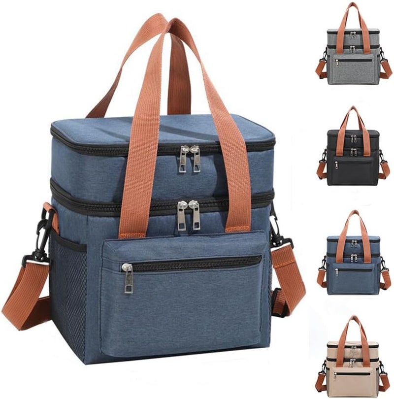 IraXpro Double Layer Insulated Lunch Bag, Portable Cooler Tote Bag for Men Women Adult, Leak and Waterproof, Double Deck Cooler Lunch Box Bag, for Office,Picnic (Blue) - Image 1