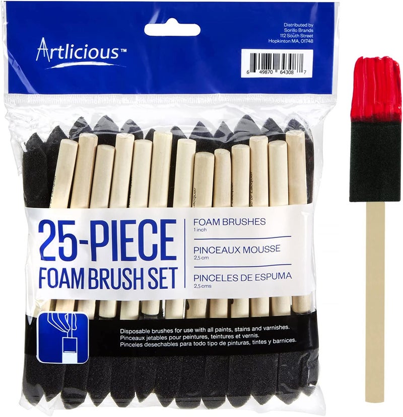 Artlicious 1 Inch Foam Brushes Wood Handle Paint Brush Set (Value Pack of 25) - Lightweight, Durable and Great for Acrylics, Stains, Varnishes, Art & Crafts - Image 1