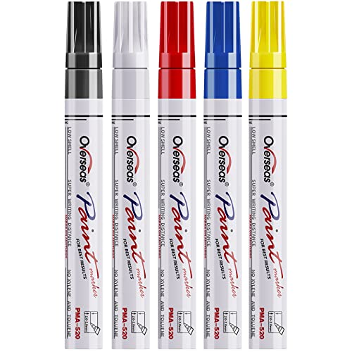 Overseas Paint Marker Pens - 5 Colors Permanent Oil Based Paint Markers, Medium Tip, Quick Dry and Waterproof Assorted Color Marker for Metal, Wood, Fabric, Plastic, Rock Painting, Stone, Mugs, Canvas, Glass - Image 1