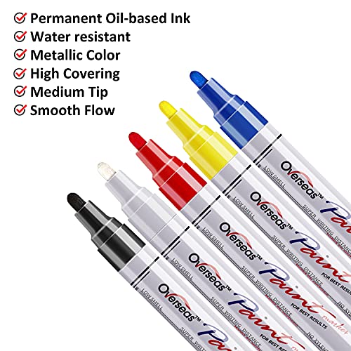 Overseas Paint Marker Pens - 5 Colors Permanent Oil Based Paint Markers, Medium Tip, Quick Dry and Waterproof Assorted Color Marker for Metal, Wood, Fabric, Plastic, Rock Painting, Stone, Mugs, Canvas, Glass - Image 2