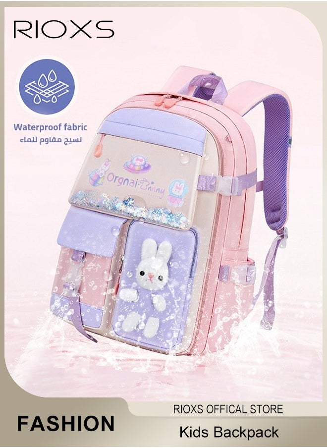 RIOXS Kids Backpack, Little Girls Cute Personalized Book Bags, Bunny Backpack For Elementary School, Lightweight Resistant Big Travel Daypack With Beaded Quicks And Rabbit Doll, Kawaii Bookbag School Bag For Girls  - Image 1