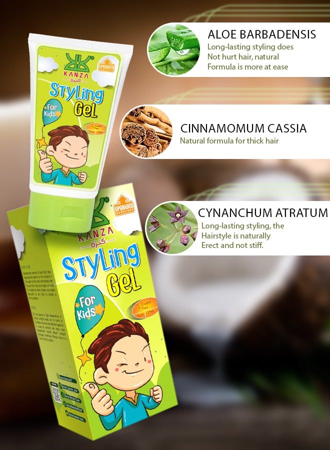 Kanza جل تصفيف الشعر 125 مل للأطفال، جل تصفيف الشعر ذو أساس نباتي للأطفال الصغار، آمن طبيعي للأولاد والبنات الصغار، بدون كبريتات ولم يتم الإساءة إلى الحيوانات لتصنيعه، مناسب لجميع أنواع الشعر. - Image 2