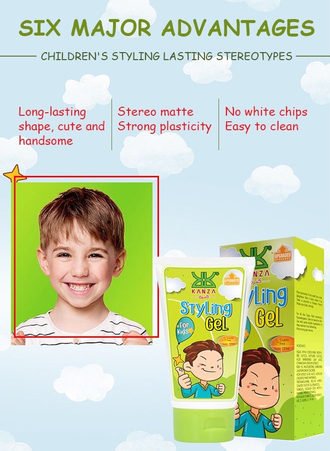 Kanza جل تصفيف الشعر 125 مل للأطفال، جل تصفيف الشعر ذو أساس نباتي للأطفال الصغار، آمن طبيعي للأولاد والبنات الصغار، بدون كبريتات ولم يتم الإساءة إلى الحيوانات لتصنيعه، مناسب لجميع أنواع الشعر. - Image 3