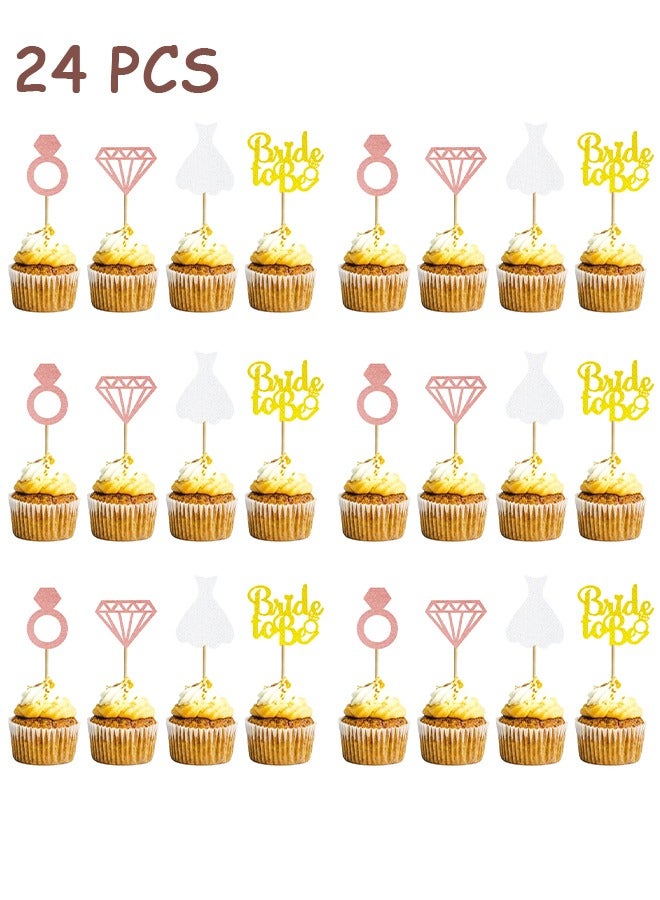 HY 24 Pcs Bride To Be Cupcake Topper Sparkling Glitter Rose Gold Diamond Ring Wedding Dress Cake Toppers for Engagement Wedding Bachelorette Party Bridal Shower Party Decoration  - Image 1