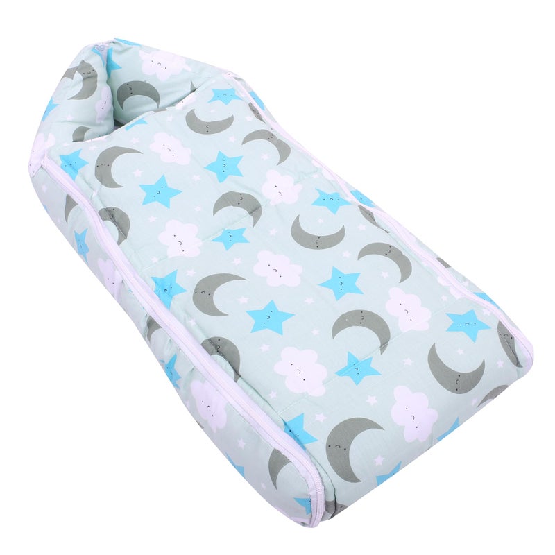 Nonibud Baby Cotton Sleeping Bed Cum Carrying Nest Bag with Storage Bag # Large Size 77 Cms X 40 Cms # 0-9 Months- SkyBlue Star Print (Grey Moon) - Image 1