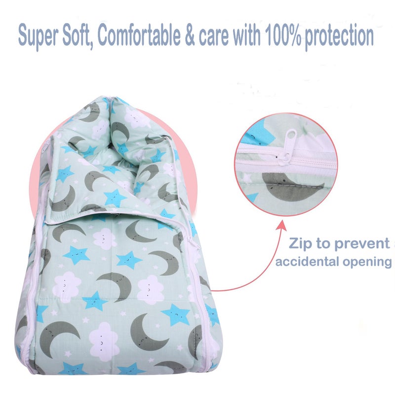 Nonibud Baby Cotton Sleeping Bed Cum Carrying Nest Bag with Storage Bag # Large Size 77 Cms X 40 Cms # 0-9 Months- SkyBlue Star Print (Grey Moon) - Image 4