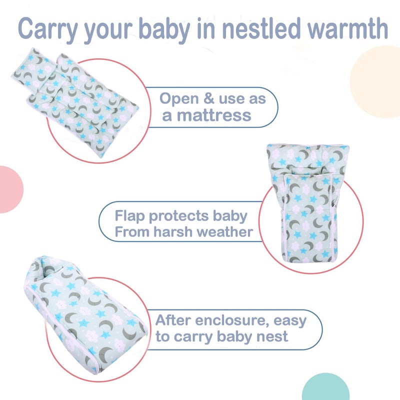 Nonibud Baby Cotton Sleeping Bed Cum Carrying Nest Bag with Storage Bag # Large Size 77 Cms X 40 Cms # 0-9 Months- SkyBlue Star Print (Grey Moon) - Image 5