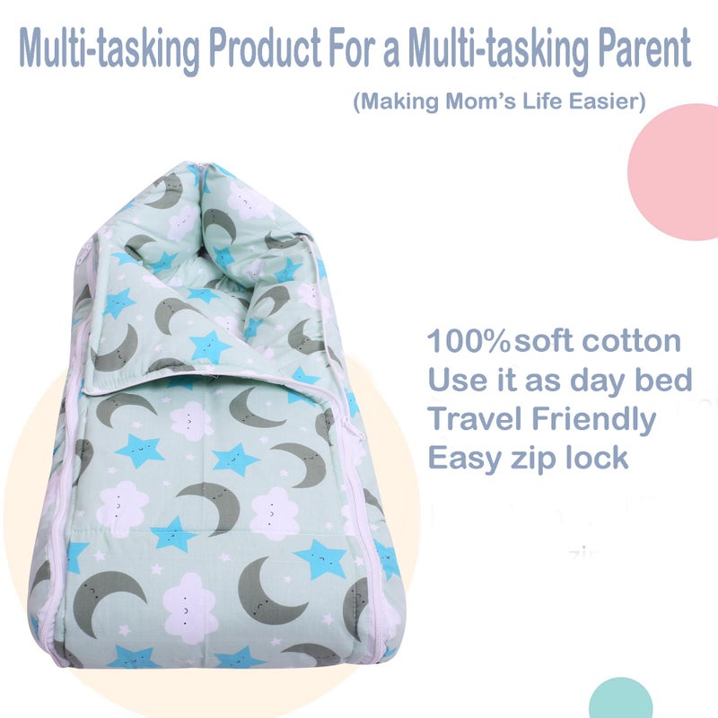 Nonibud Baby Cotton Sleeping Bed Cum Carrying Nest Bag with Storage Bag # Large Size 77 Cms X 40 Cms # 0-9 Months- SkyBlue Star Print (Grey Moon) - Image 3