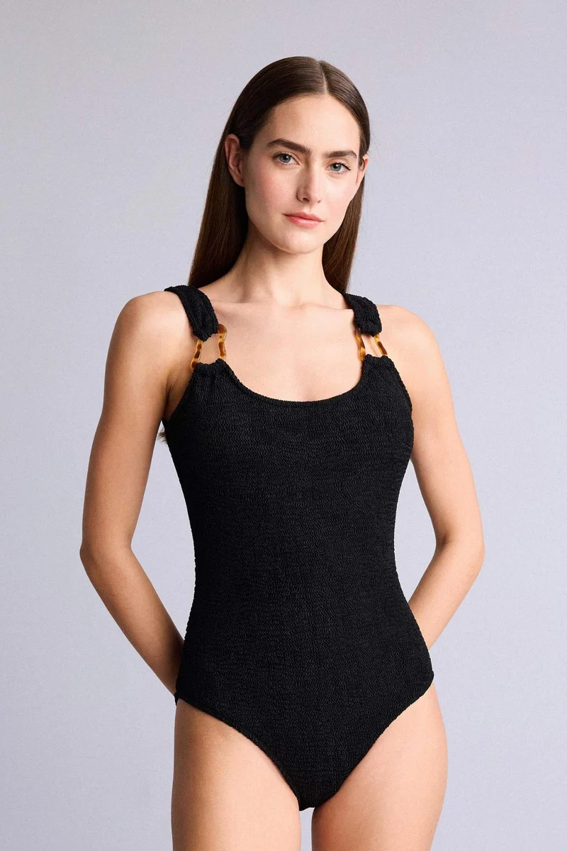 ديفاكتو Regular Fit Crinkle Fabric Black Swimsuit