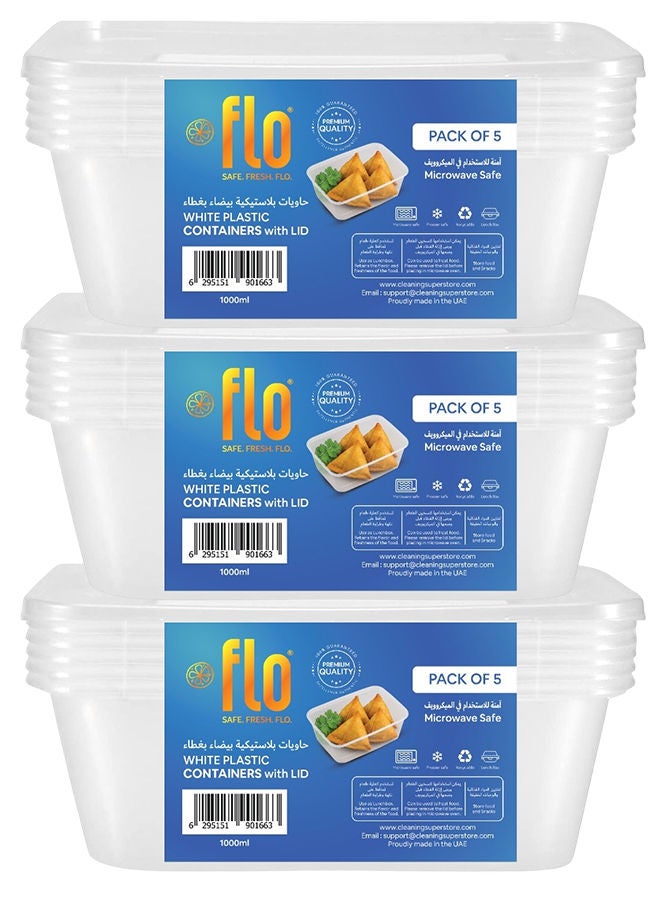 FLO Disposable Rectangle Microwave Food Containers with Lid, White Base, 1000ml Pack of 15 - Image 1