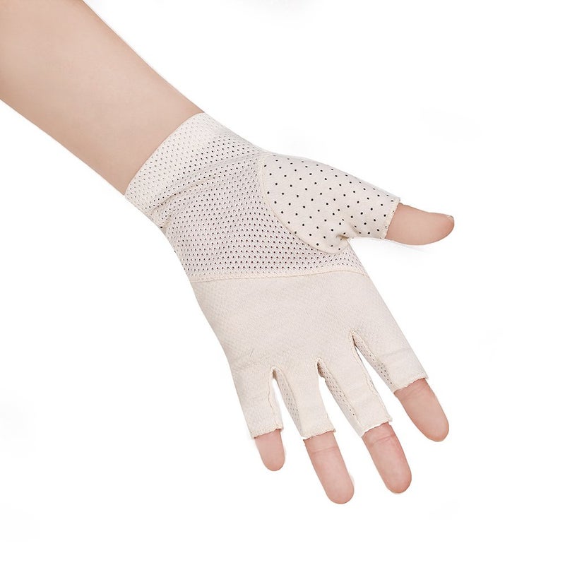 JISEN Women Sunscreen Fingerless Gloves UV Protection Driving Fishing Cotton Mittens Dots Beige - Image 2