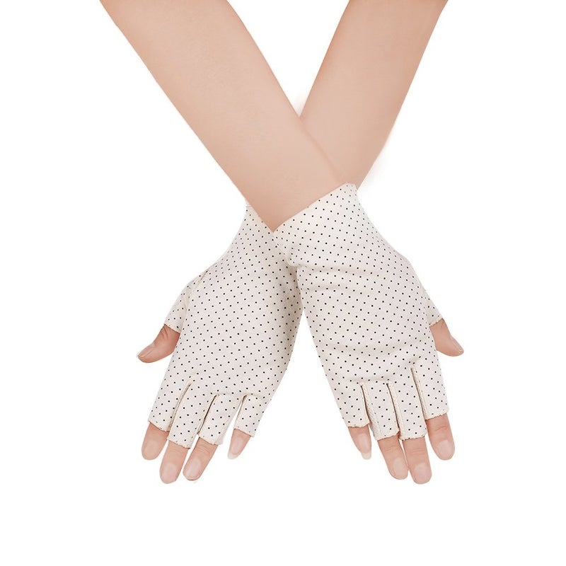 JISEN Women Sunscreen Fingerless Gloves UV Protection Driving Fishing Cotton Mittens Dots Beige - Image 4