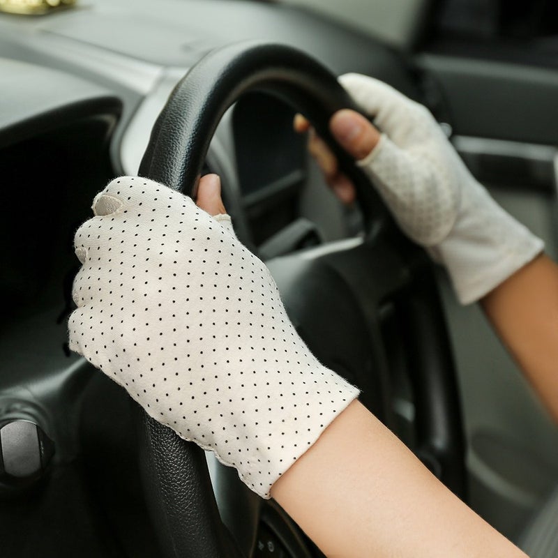 JISEN Women Sunscreen Fingerless Gloves UV Protection Driving Fishing Cotton Mittens Dots Beige - Image 5