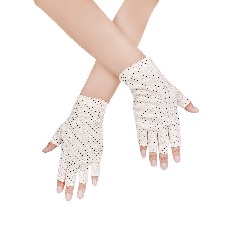 JISEN Women Sunscreen Fingerless Gloves UV Protection Driving Fishing Cotton Mittens Dots Beige - Image 1