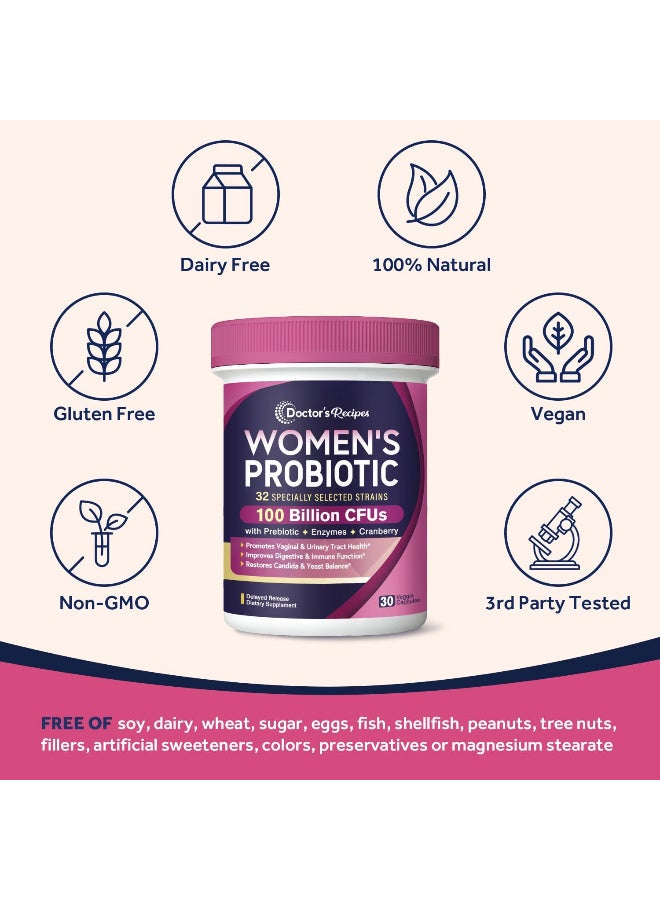 Doctor's Recipes Probiotics for Women, 100 Billion CFU 32 Strains, with Prebiotic Fiber, Enzymes & Cranberry, Vaginal Urinary Digestive & Immune, No Yeast, Shelf Stable, Delayed Release, 30 Caps  - Image 4