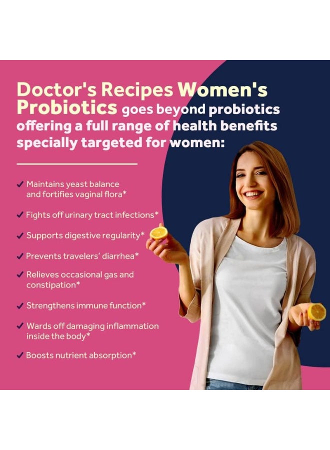 Doctor's Recipes Probiotics for Women, 100 Billion CFU 32 Strains, with Prebiotic Fiber, Enzymes & Cranberry, Vaginal Urinary Digestive & Immune, No Yeast, Shelf Stable, Delayed Release, 30 Caps  - Image 3