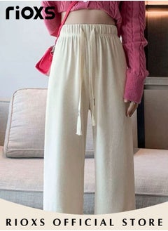 RIOXS Women's High Waist Pants, Vintage Drawstring Trousers, Baggy Comfortable Pants with Elastic Waist, Easy to Match, Suitable for Daily Wear and Outdoor Activities  - Image 4