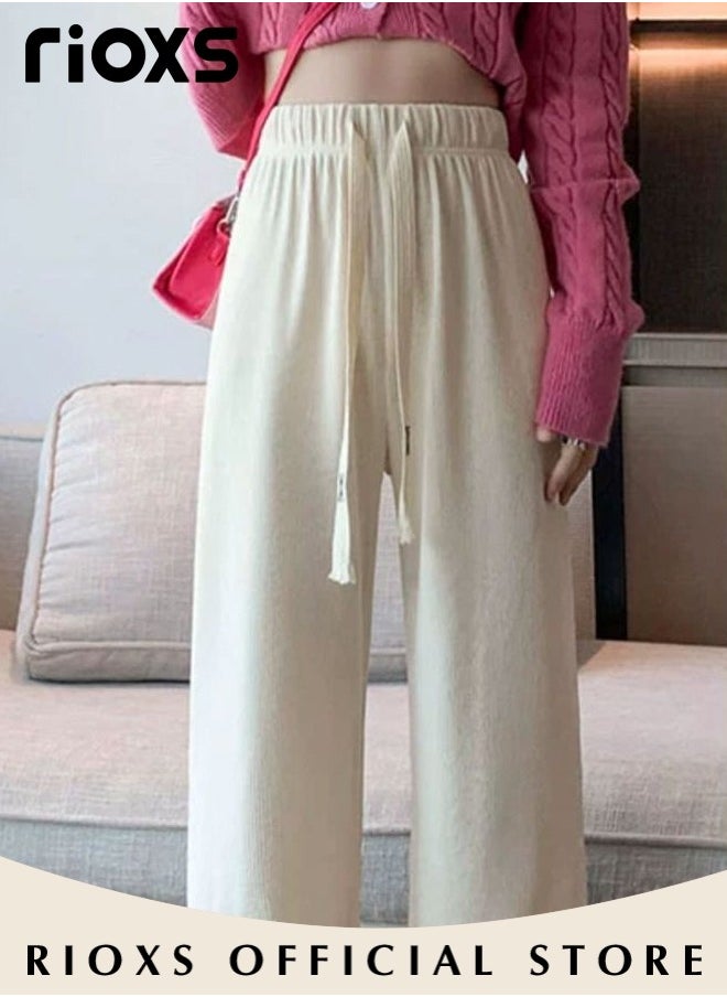 RIOXS - Women's High Waist Pants, Vintage Drawstring Trousers, Baggy Comfortable Pants with Elastic Waist, Easy to Match, Suitable for Daily Wear and Outdoor Activities - Image 1