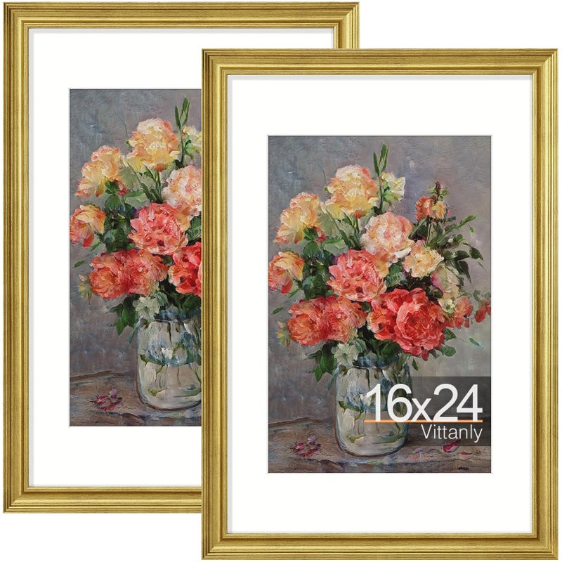 Vittanly مجموعة إطارات صور فيتانلي مقاس 16×24 بوصة (قطعتان)، إطار صور عتيق مزخرف للتعليق على الحائط، لعرض صور مقاس 12×18 بوصة مع إطار داخلي أو 16×24 بوصة بدون إطار داخلي، لون ذهبي ريفي - Image 1