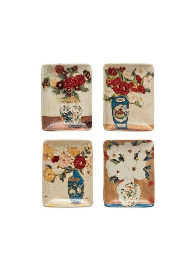 Creative Co-op Stoneware Dish With Flowers Set Of 4 Vases 3" L X 1" W X 4" H Multicolor  - Image 2