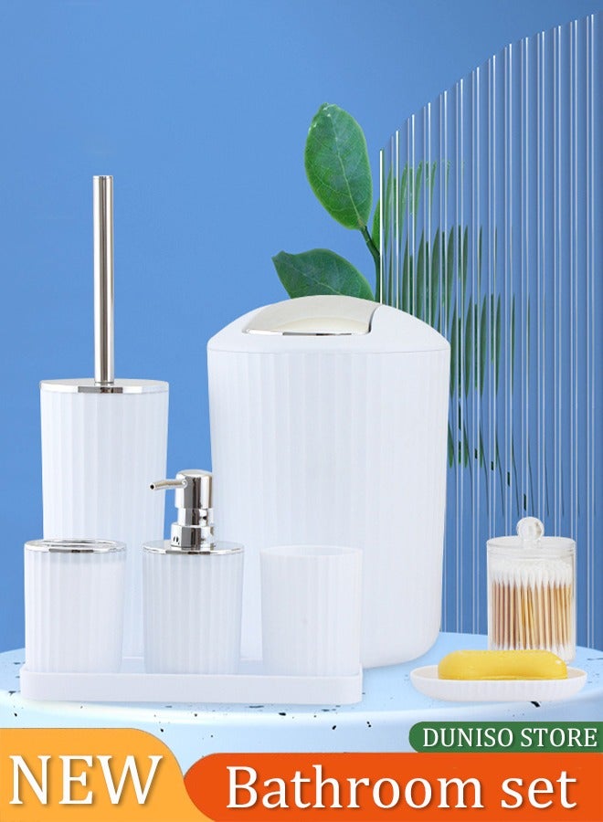 DUNISO 8 pieces of Bathroom accessories set ,plastic gift set, corrugated round electroplating bathroom set, with lotion bottle, toothbrush cup, mouthwash cup, soap tray, toilet brush, trash can, cotton swab box and tray (white) - Image 1