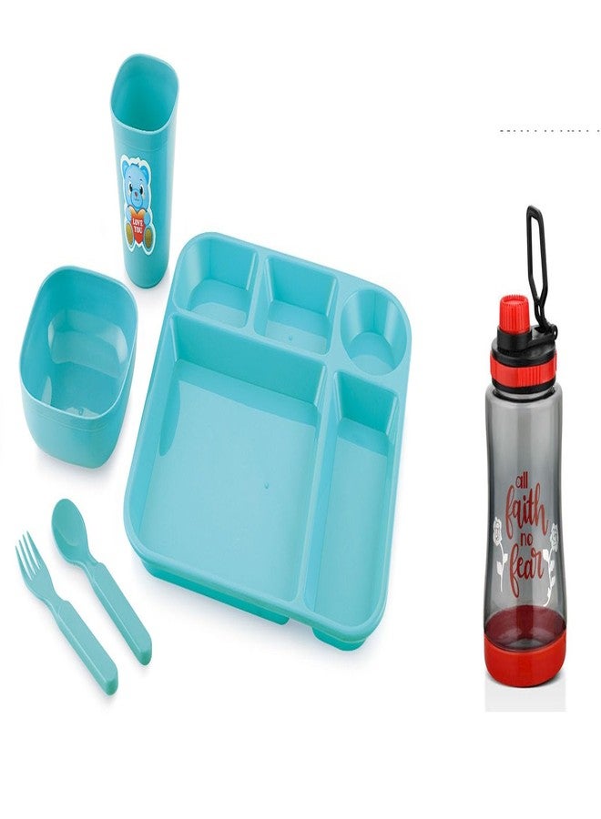 faas Kids Plastic Water Bottle with Straw, 800 ml and Plastic Divided Meal Plate Tray-5 Compartments Dinner Dish for Baby - Image 1