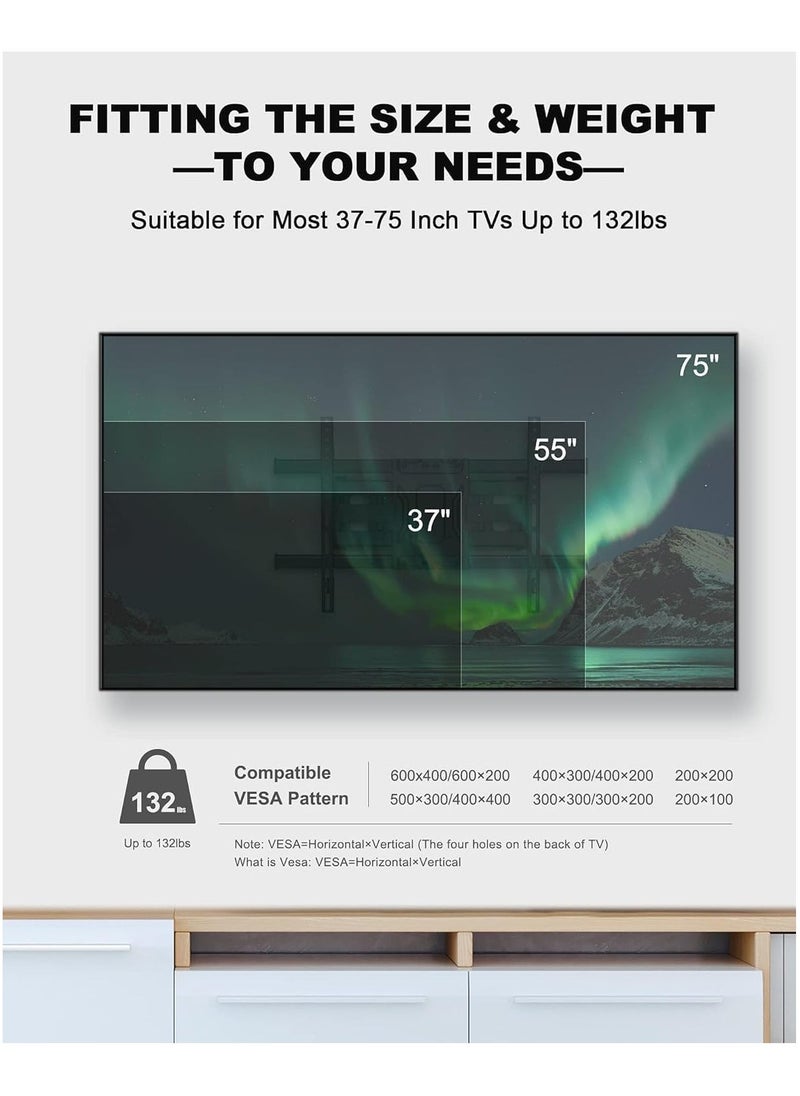 TIGER Full Motion TV Wall Mount, Articulating Swivel Extension Arm, Fits 37-75" TVs Up to 132lbs, Max VESA 600x400mm, Heavy Duty TV Mount for Home & Office – EBLF7 - Image 5