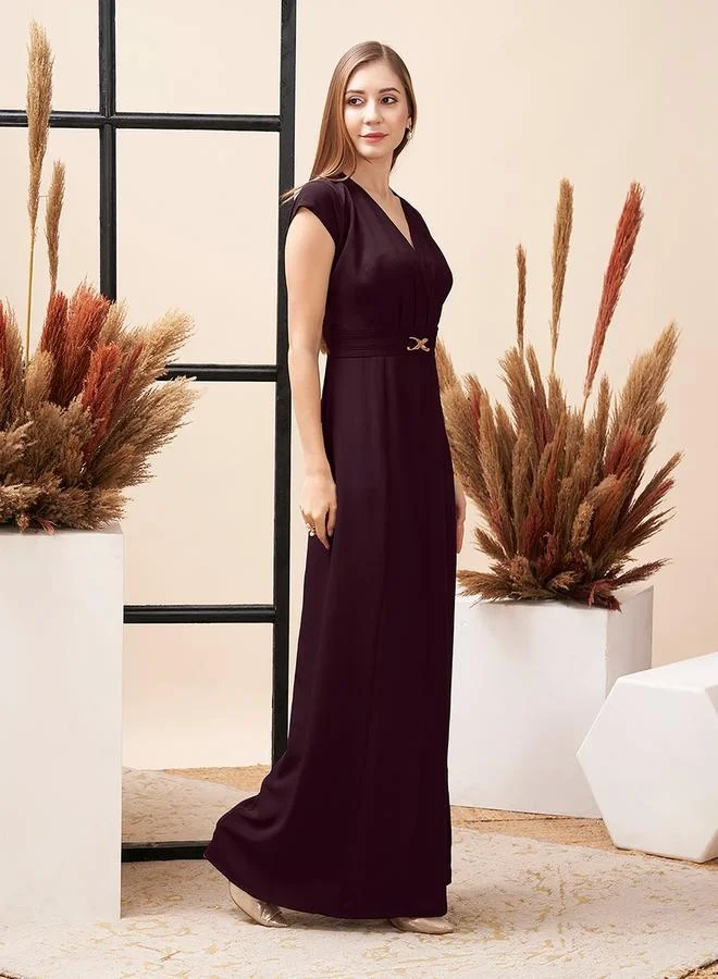 Mish Wine colour maxi dress with V-neckline and center belt detail by Styli
