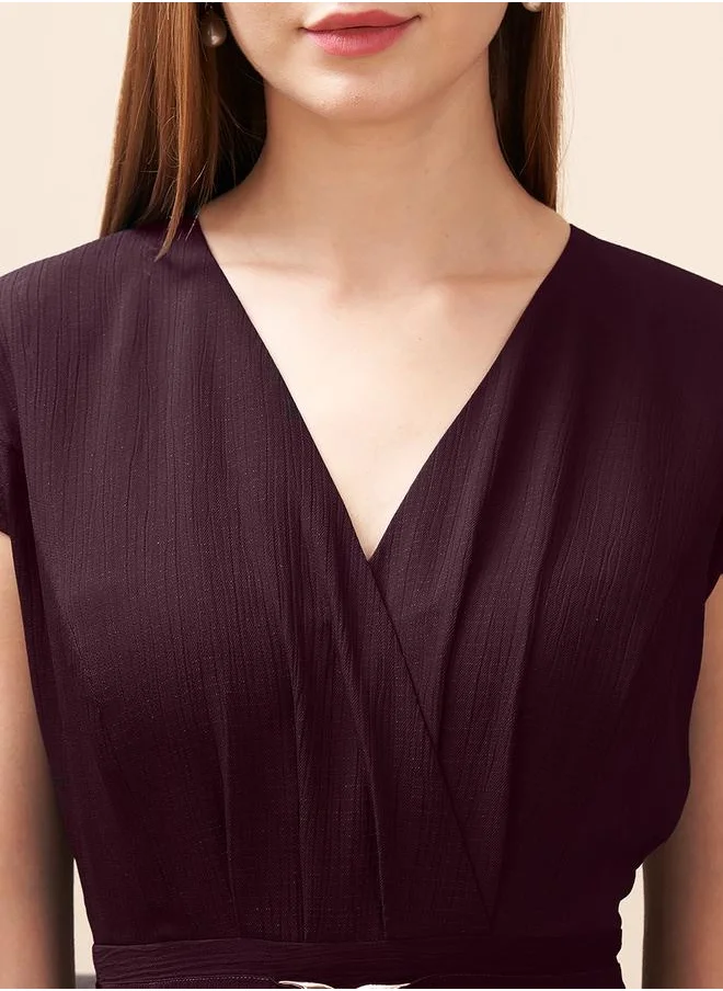 ميش Wine colour maxi dress with V-neckline and center belt detail by Styli
