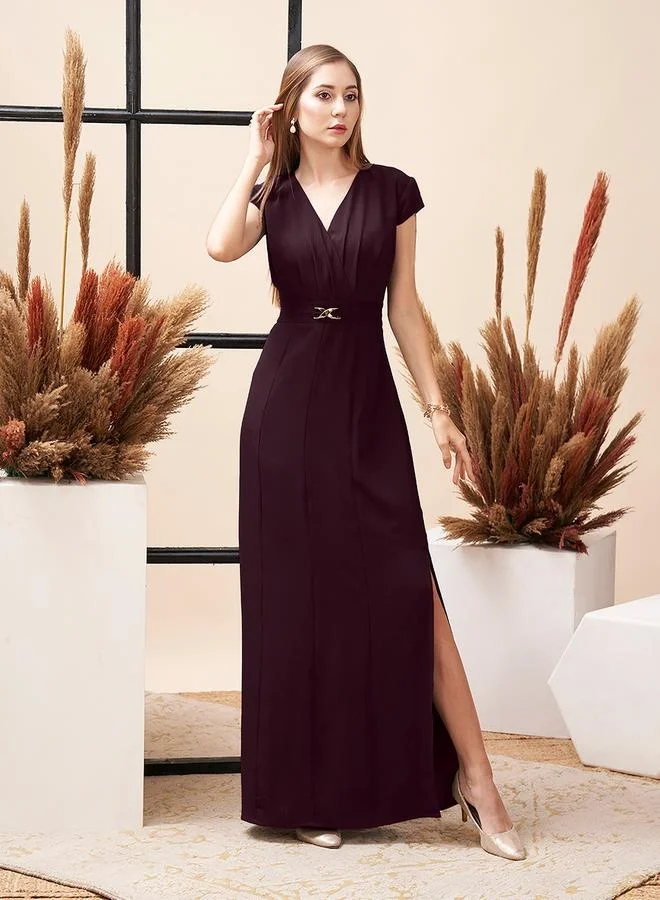 Mish Wine colour maxi dress with V-neckline and center belt detail by Styli