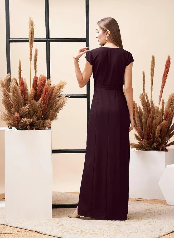 Mish Wine colour maxi dress with V-neckline and center belt detail by Styli