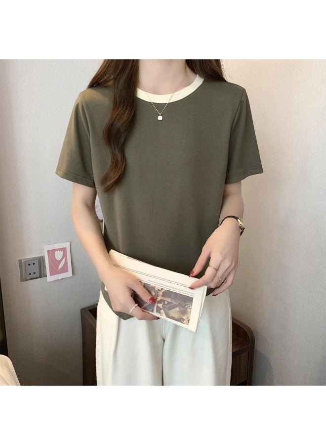 TonLion Women's Short Sleeve T-shirt Summer Korean Style Loose Round Neck Contrast Trim Cropped Top Chic Fashion - Image 2