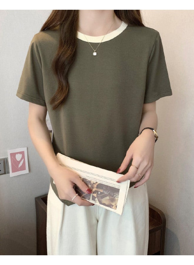 TonLion Women's Short Sleeve T-shirt Summer Korean Style Loose Round Neck Contrast Trim Cropped Top Chic Fashion - Image 1