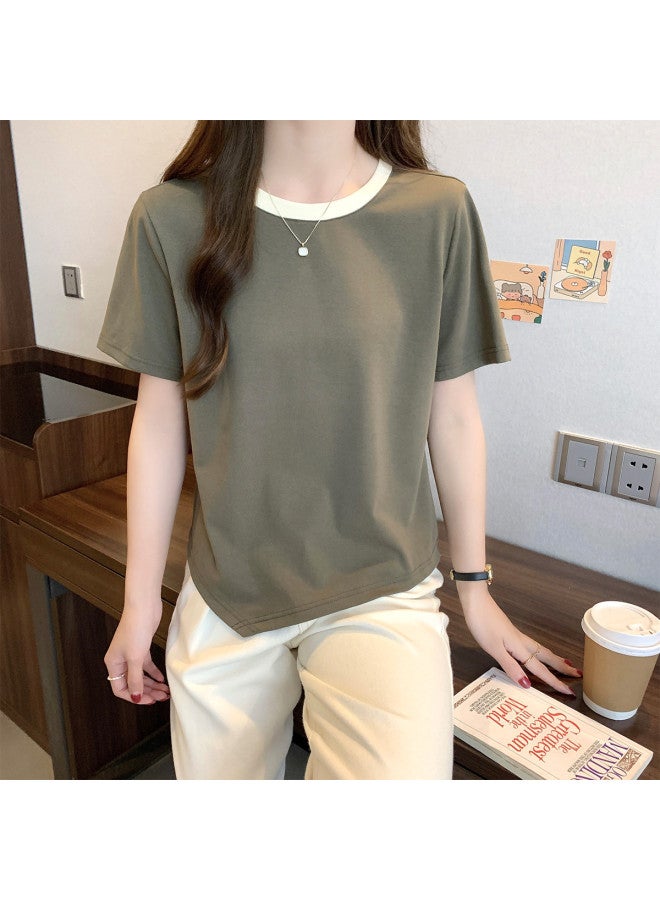 TonLion Women's Short Sleeve T-shirt Summer Korean Style Loose Round Neck Contrast Trim Cropped Top Chic Fashion - Image 5